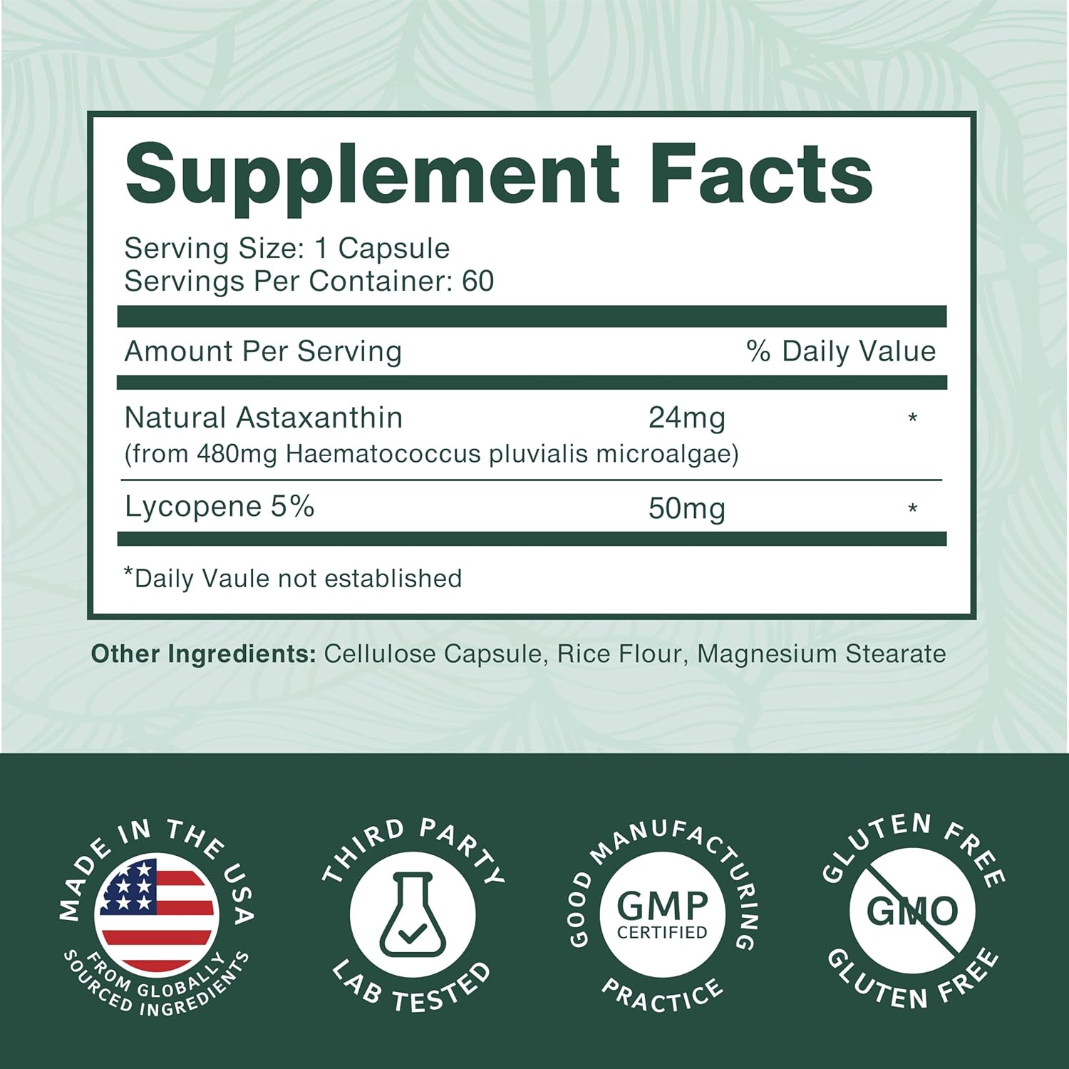 PurePremium Astaxanthin Supplements - Astaxanthin 24mg with Lycopene 50mg Antioxidants Supplement for Skin & Eye Health, Normal Joint Support & Immune System Support – Non-GMO - 60 Count