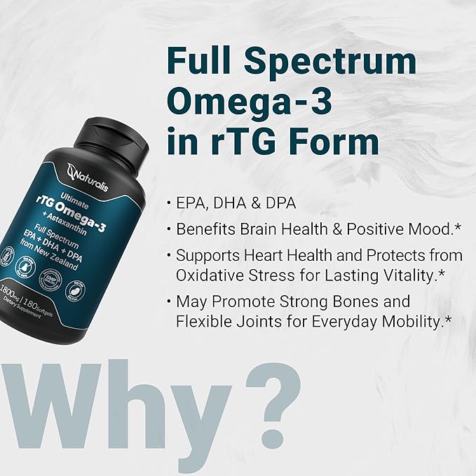 Naturalis Ultimate rTG Omega 3 Fish Oil 1800mg from Wild New Zealand Tuna | IFOS Certified & Sustainably Sourced | Full Spectrum Omega3s EPA, DHA & DPA | 180 Softgels