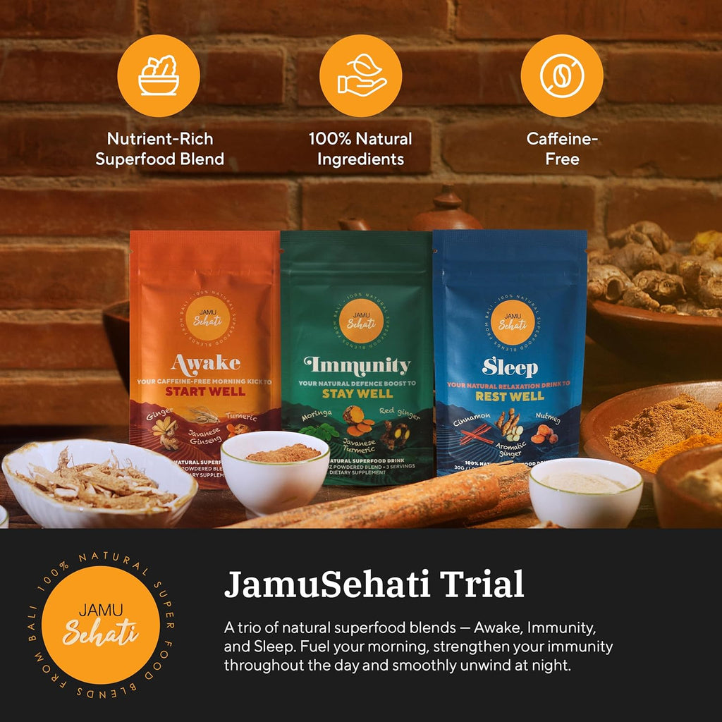 JAMUSEHATI, Variety Pack, Natural Superfoods Blend from Bali, Containing Awake, Immunity and Sleep, Pack of 3 Sachets