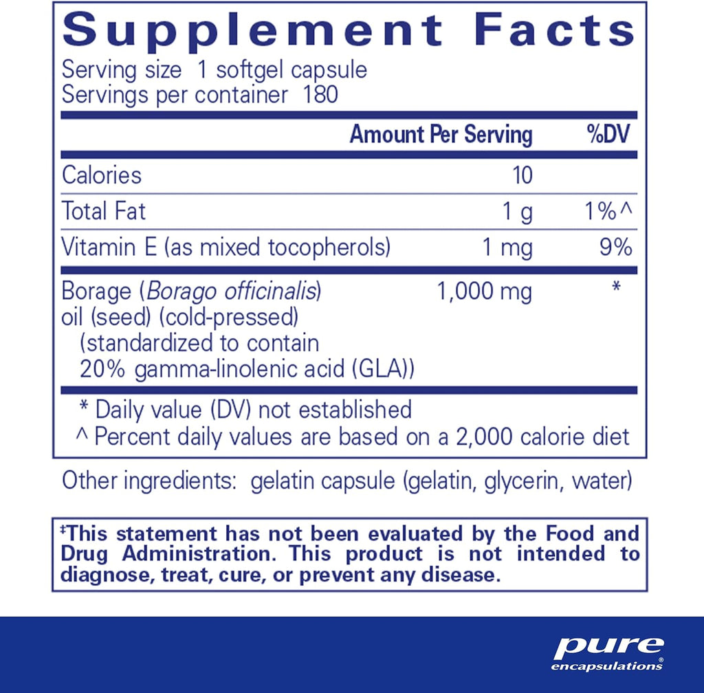 Pure Encapsulations Borage Oil | Hypoallergenic Dietary Supplement | 180 Softgel Capsules