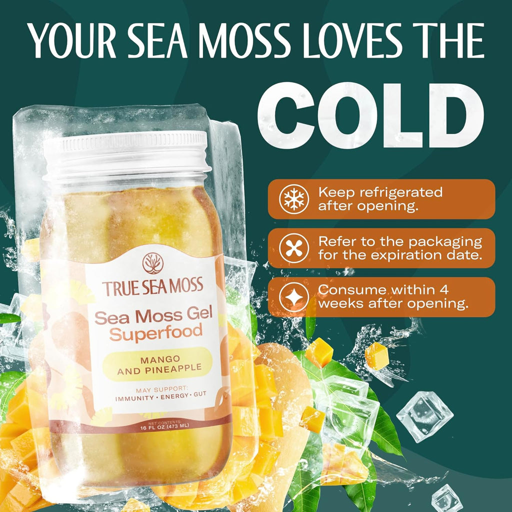 TrueSeaMoss Sea Moss Gel – Made in USA – Wildcrafted Seamoss, Fresh Fruits & Sea Vegetables – Mango/Pineapple, Pack of 2 (Labels may Vary)