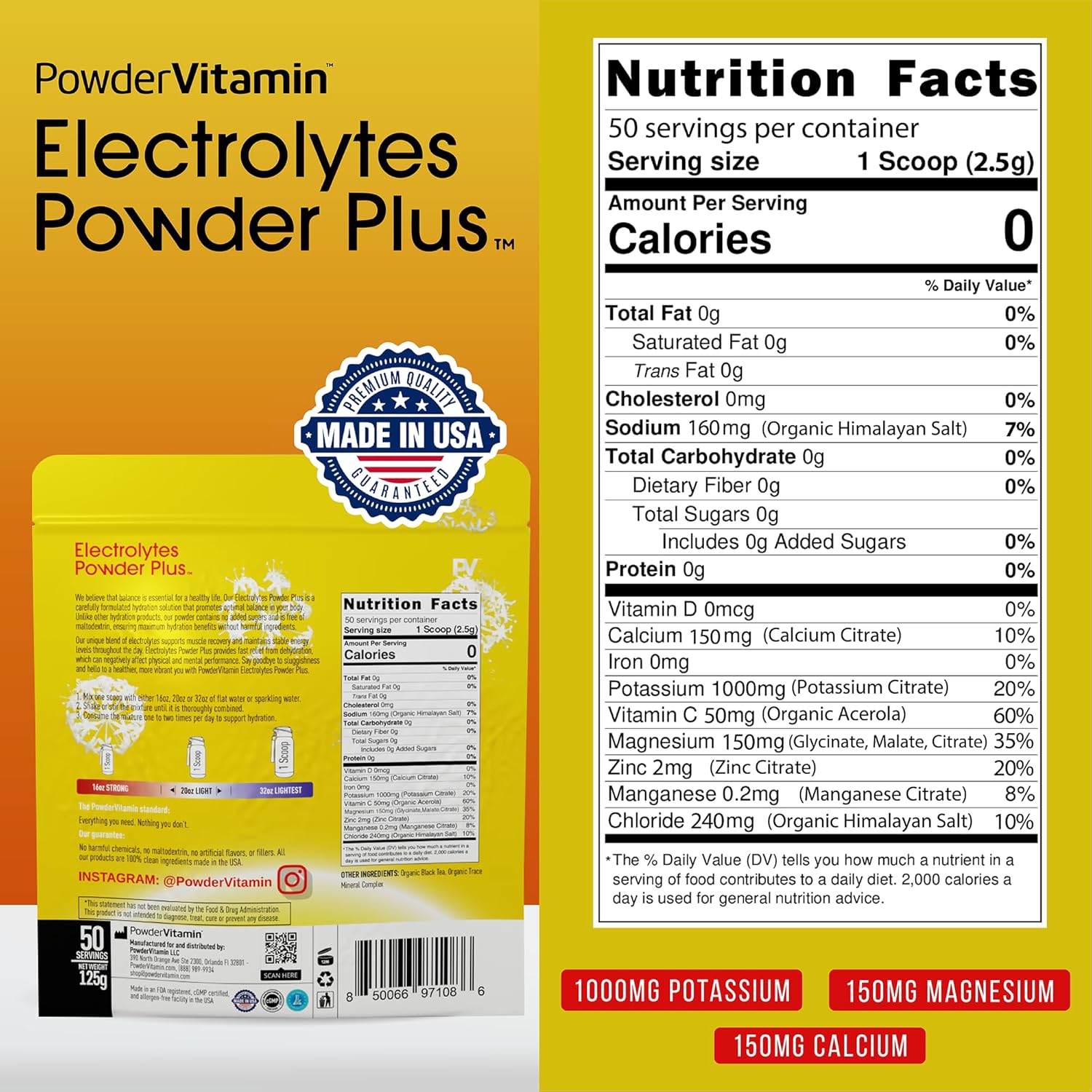 PowderVitamin Electrolytes Powder Plus (50 Servings) Unsweetened Black Tea Electrolyte Powder Keto,SugarFree, Pink Himalayan Salt,1000mgPotassium,150mgCalcium,150mgMagnesium,Hydration Powder NO STEVIA