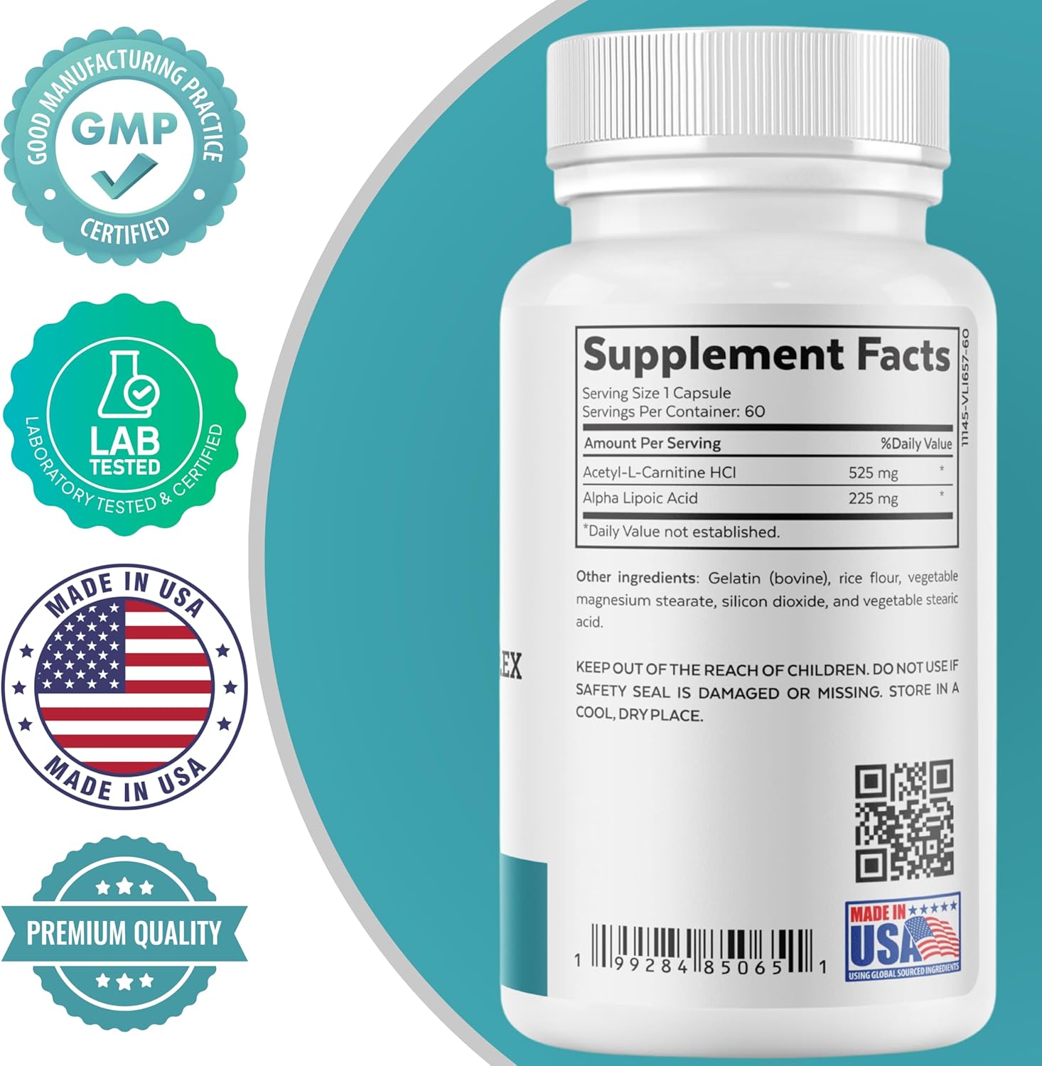 ALA + ALC Complex | Alpha Lipoic Acid (225 mg) + Acetyl-L-Carnitine (525 mg) - Antioxidant & Mitochondrial Support | Promotes Energy, Focus & Healthy Aging, 60 Capsules
