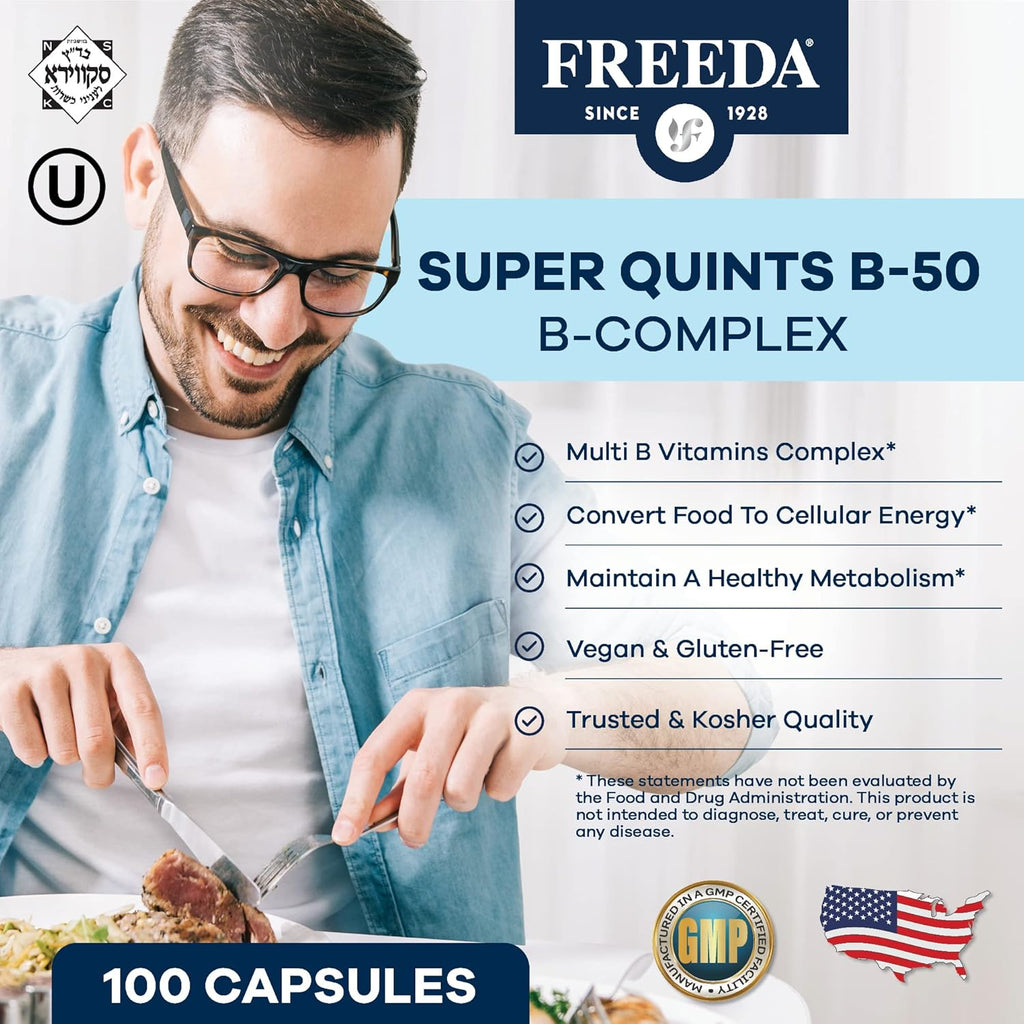FREEDA Vitamin B Complex - Super Quints B-50 - Kosher Super B Complex Vitamin Supplement for Women & Men with Vitamin B1 Vitamin B2 Vitamin B3 Vitamin B6 Vitamin B12 Plus Folic Acid (100 Capsules)