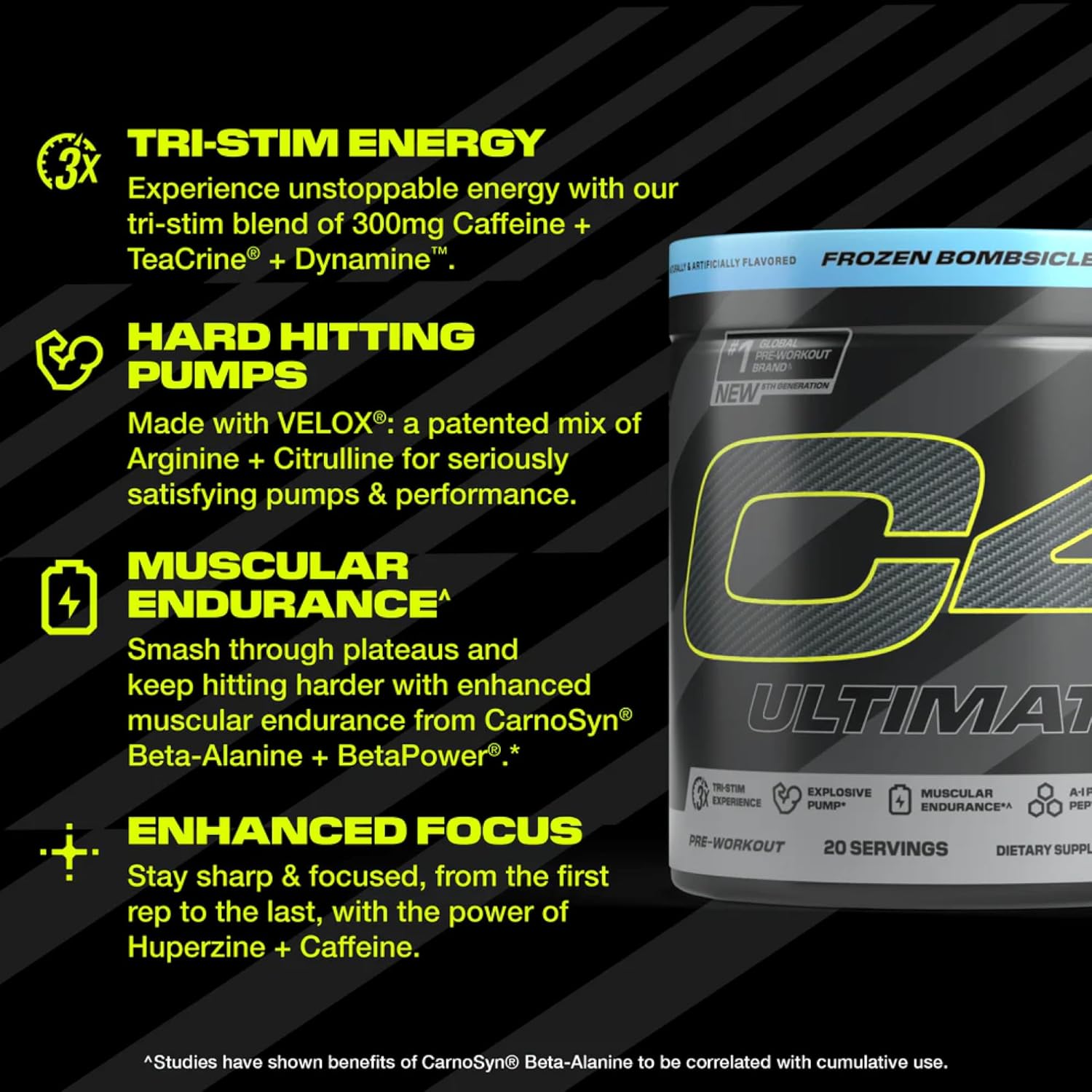 Cellucor C4 Ultimate Pre Workout Powder - Sugar Free Preworkout Energy Supplement for Men & Women - 300mg Caffeine + TeaCrine + Dynamine + Creatine - ICY Blue Razz, 20 Servings
