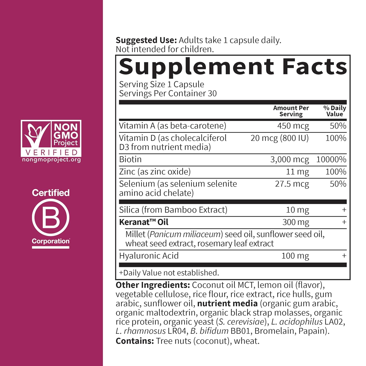 Garden of Life Hair Growth Duo Caps, Supplement for Thicker, Healthier Hair with Hyaluronic Acid, Biotin, Silica, and Patented Keranat, 30 Plant-Based Capsules