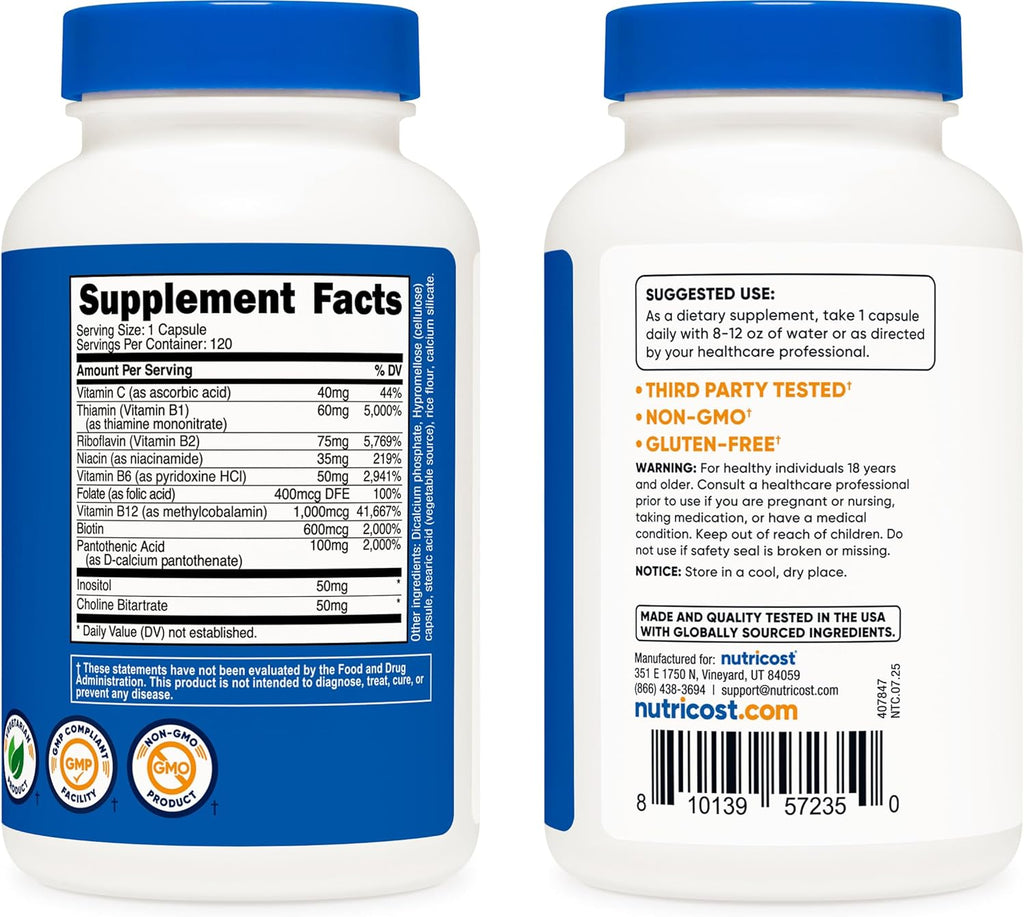Nutricost High Potency Vitamin B Complex 462mg, 120 Capsules - with Vitamin C - Energy Complex
