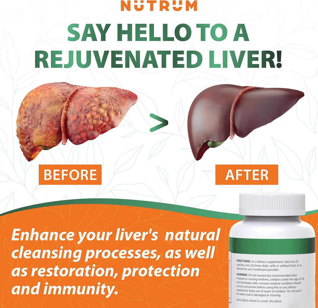 Liver Cleanse and Detox Health Support Supplement by Nutrum, Vegan Liver Formula, Natural Herbal Liver Renewal with Vitamin C, Milk Thistle, Support for Bad Breath, Acne, Low Energy, 60 Capsules