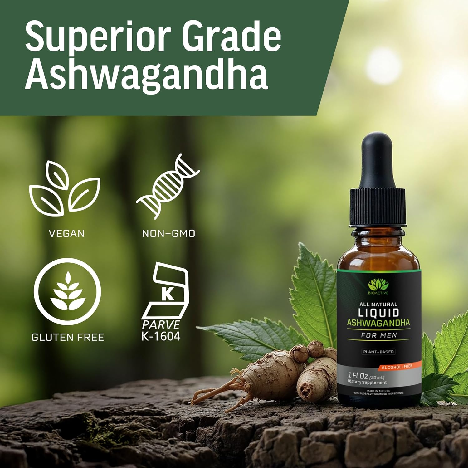 BIOACTIVE Liquid Ashwagandha Drops - Testosterone Health Supplement* - Adaptogen for Stress Support, Men’s Wellness - Organic, Herbal, Gluten Free, Non-GMO, 59 Servings (1 Oz, Unflavored)