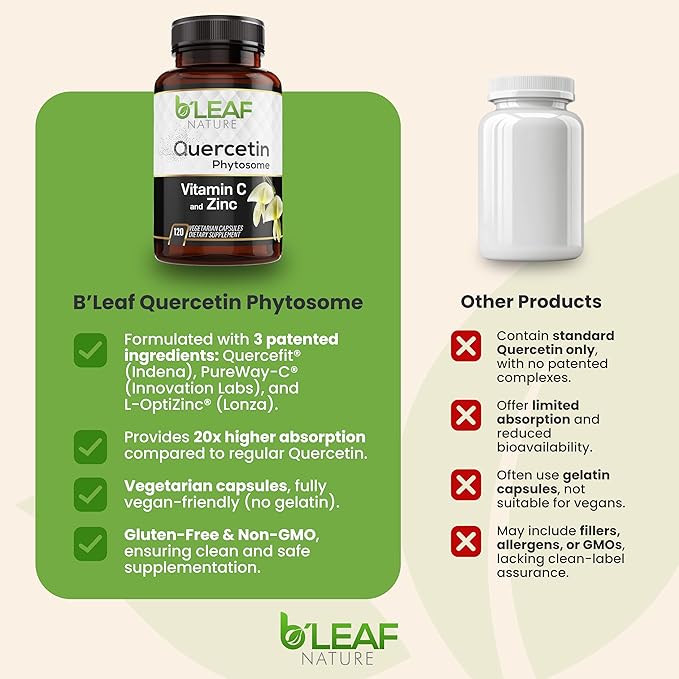 B'LEAF NATURE Quercetin Phytosome, 120 Capsules – 1000mg High Absorption Quercetin with Vitamin C and Zinc – Non-GMO Vegetarian Quercetin Supplement for Immune, Energy and Seasonal Support