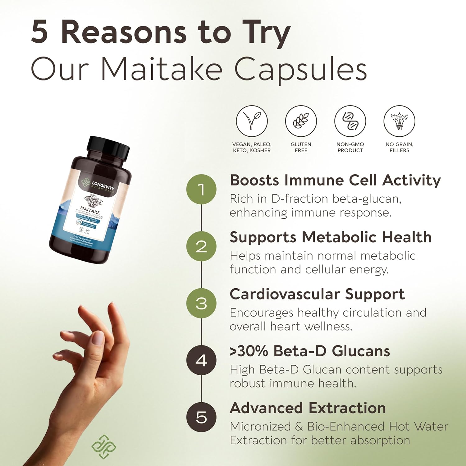 Longevity Botanicals Organic Maitake Mushroom Extract Capsules (120) | Concentrated 10:1 Ratio | 100% Fruiting Bodies | Grifola frondosa Natural Supplement for Gut Health & Immunity Support
