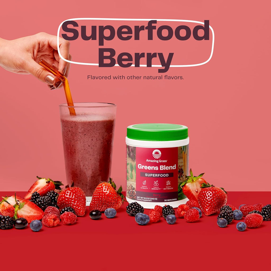 Amazing Grass Greens Blend Superfood: Super Greens Powder with Spirulina, Chlorella, Beet Root Powder, Digestive Enzymes, Prebiotics & Probiotics, Berry, 100 Servings (Packaging May Vary)
