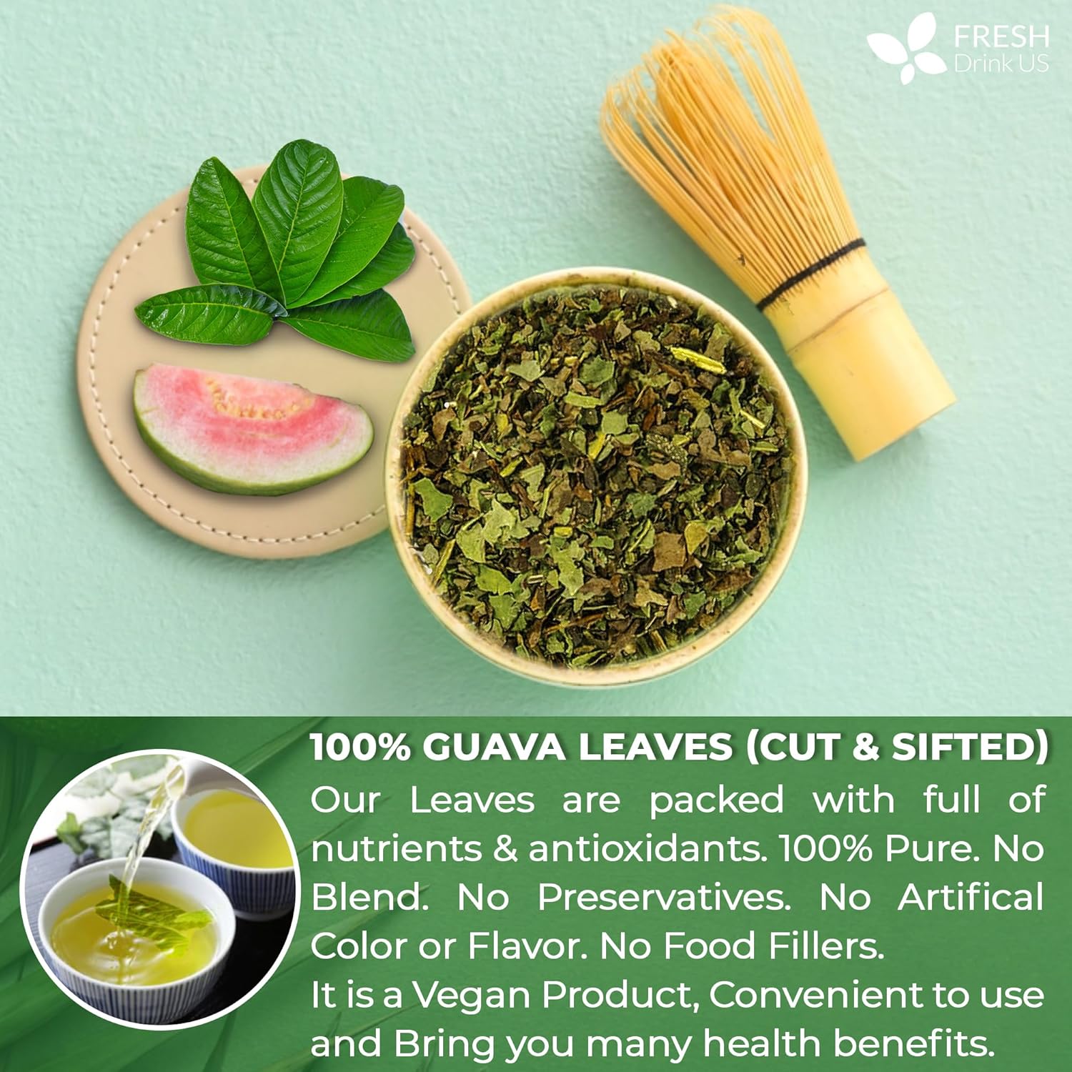 FreshDrinkUS, 6oz Guava Dried Leaves (CUT & SIFTED), 100% Natural & Pure from Dried Guava Leaves, Guava Loose Leaf Tea, No Additives, No Caffeine, Vegan