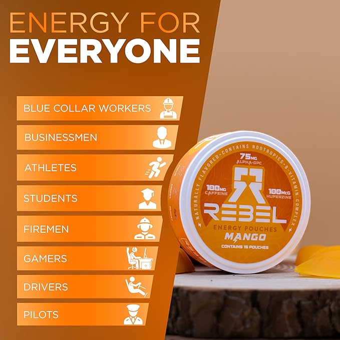 Nootropic Energy Caffeine Pouches (Mango) • 100mg Caffeine • Alpha GPC • Huperzine A & Essential Vitamins • Sugar-Free • Coconut Fiber Technology • 15 Pouches Per Can (Pack of 1)
