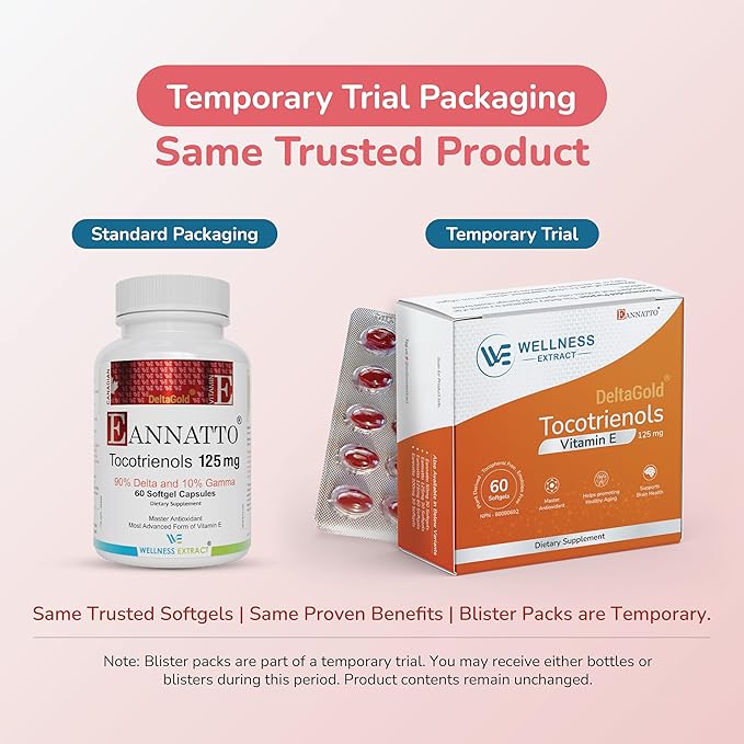 WELLNESS EXTRACT Eannatto Tocotrienols Vitamin E Supplements Tocopherol Free, Non-GMO, Gluten Free & Antioxidant 125MG 60 Softgels (Pack of 4)