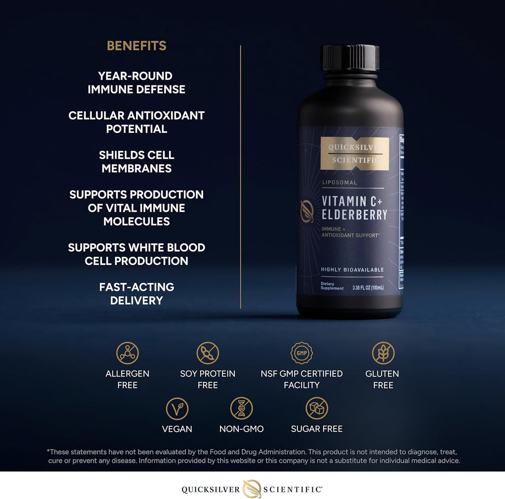 Quicksilver Scientific Liposomal Vitamin C + Elderberry - Liposomal Vitamin C 1000mg with Superior Absorption Technology & Tocotrienols - Antioxidant & Immune Support Tonic (100ml)