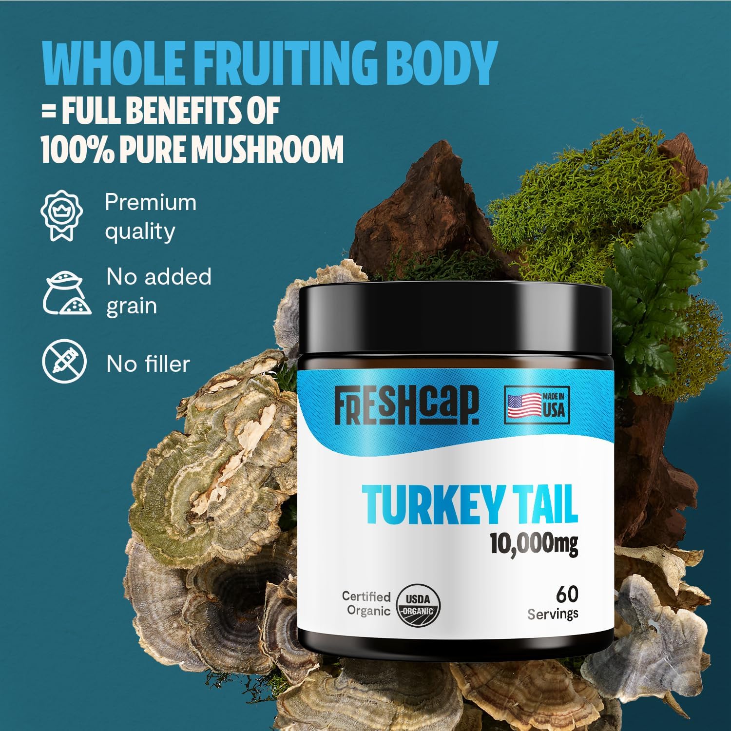 FreshCap Mushrooms Turkey Tail Mushroom Powder 10,000mg - Turkey Tail Supplement Mushroom Extract for Immune Support, Ayurveda Nootropic Supplement (60 Servings)