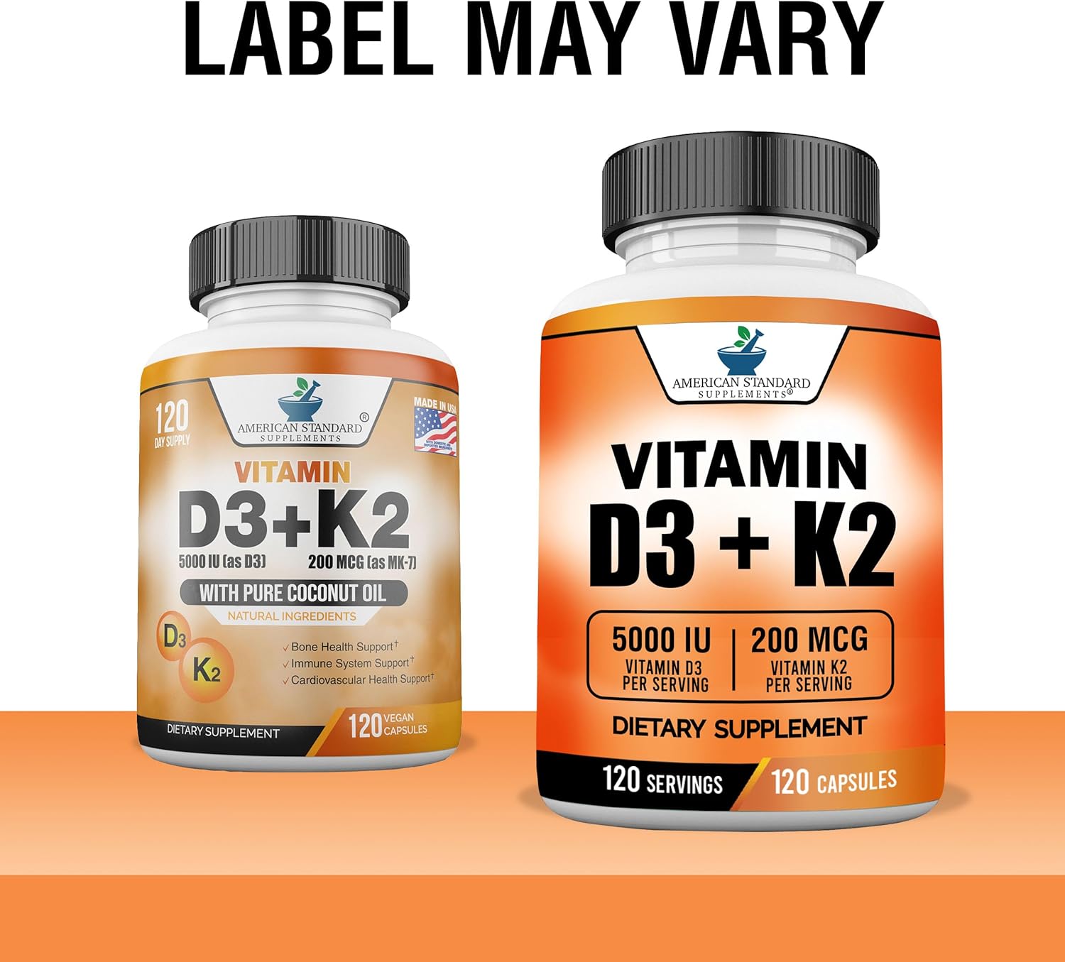 American Standard Supplements Vitamin D3 5000 IU (125mcg) Plus Vitamin K2 (MK7) 200mcg Per Capsule - Gluten Free, Non-GMO, 120 Capsules, 120 Servings, 120 Day Supply