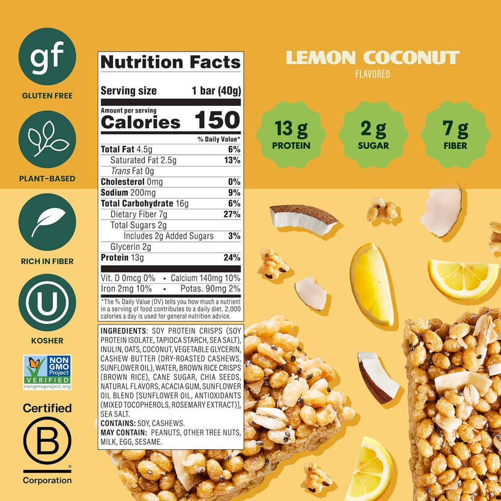 Simply Protein - Lemon Coconut Crispy Bars - Plant Based Protein Bars - Low Carb, Low Sugar, High Fiber - 13g Protein, 2g Sugar, 7g Fiber - Vegan, Gluten Free, Non GMO, Kosher - 12 Bars