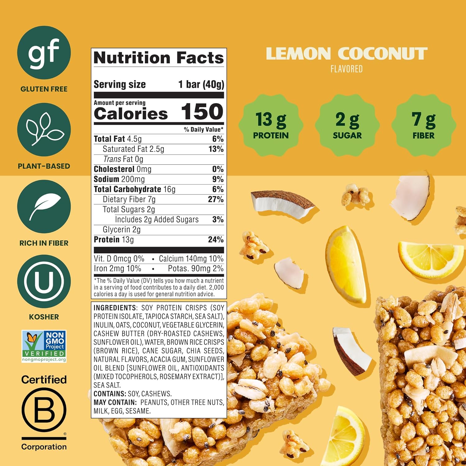Simply Protein - Lemon Coconut Crispy Bars - Plant Based Protein Bars - Low Carb, Low Sugar, High Fiber - 13g Protein, 2g Sugar, 7g Fiber - Vegan, Gluten Free, Non GMO, Kosher - 4 Bars