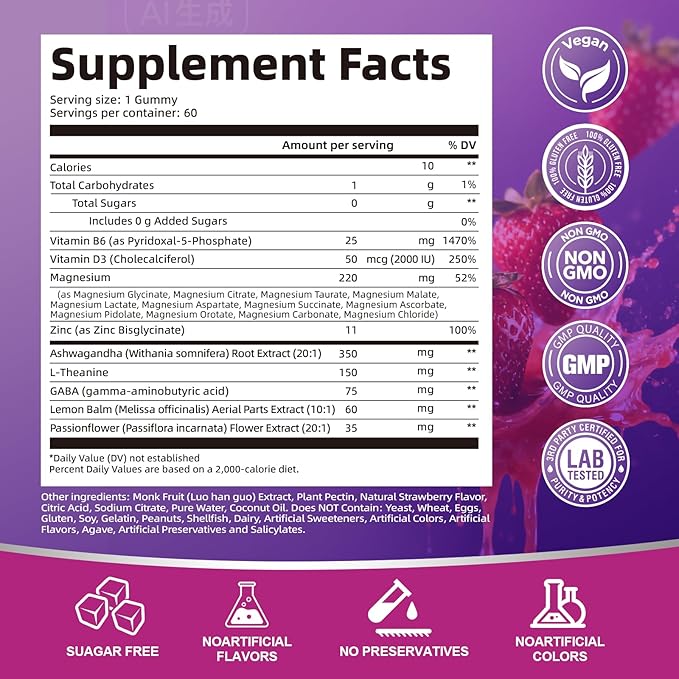 Magnesium Complex Gummies, 20 in 1 Magnesium Gummy with Glycinate Citrate Malate Taurate - Ashwagandha, L-Theanine, D3&Zinc for Relaxation, Sleep, Muscle&Heart Support, Strawberry, 60 Cts