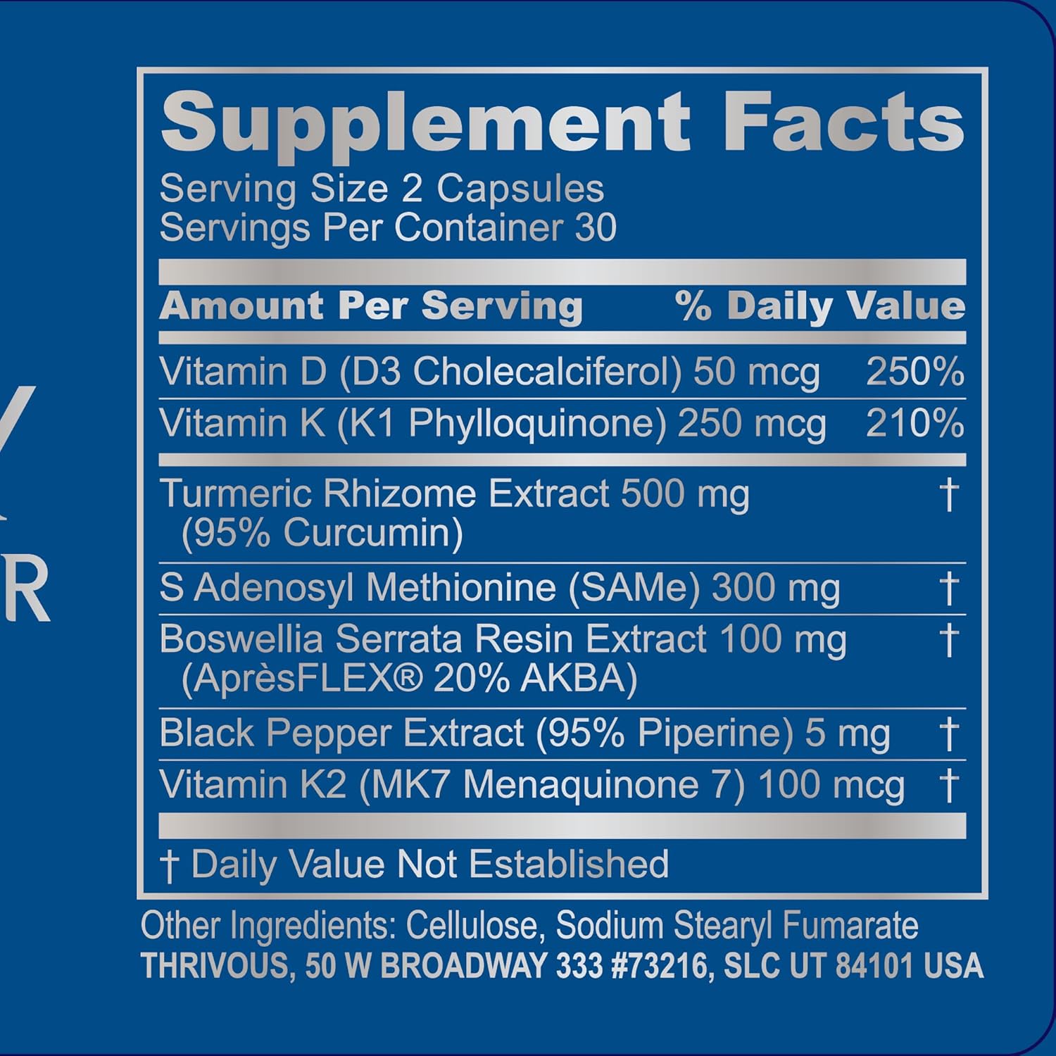 Thrivous Tenacity - Enhance Joint & Bone Function for Better Aging - Advanced Geroprotector Supplement: Turmeric Curcumin, ApresFlex Boswellia, Vitamin D3, Vitamin K2 MK7, Same - 60 Capsules