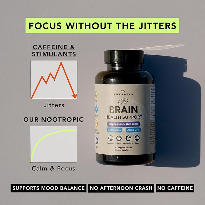 AMANDEAN Nootropic Brain Supplements for Memory and Focus, Improves Mental Clarity and Cognitive Function, Magnesium L-Threonate (Magtein), Lions Mane and Alpha GPC - (90 Veggie Capsules)