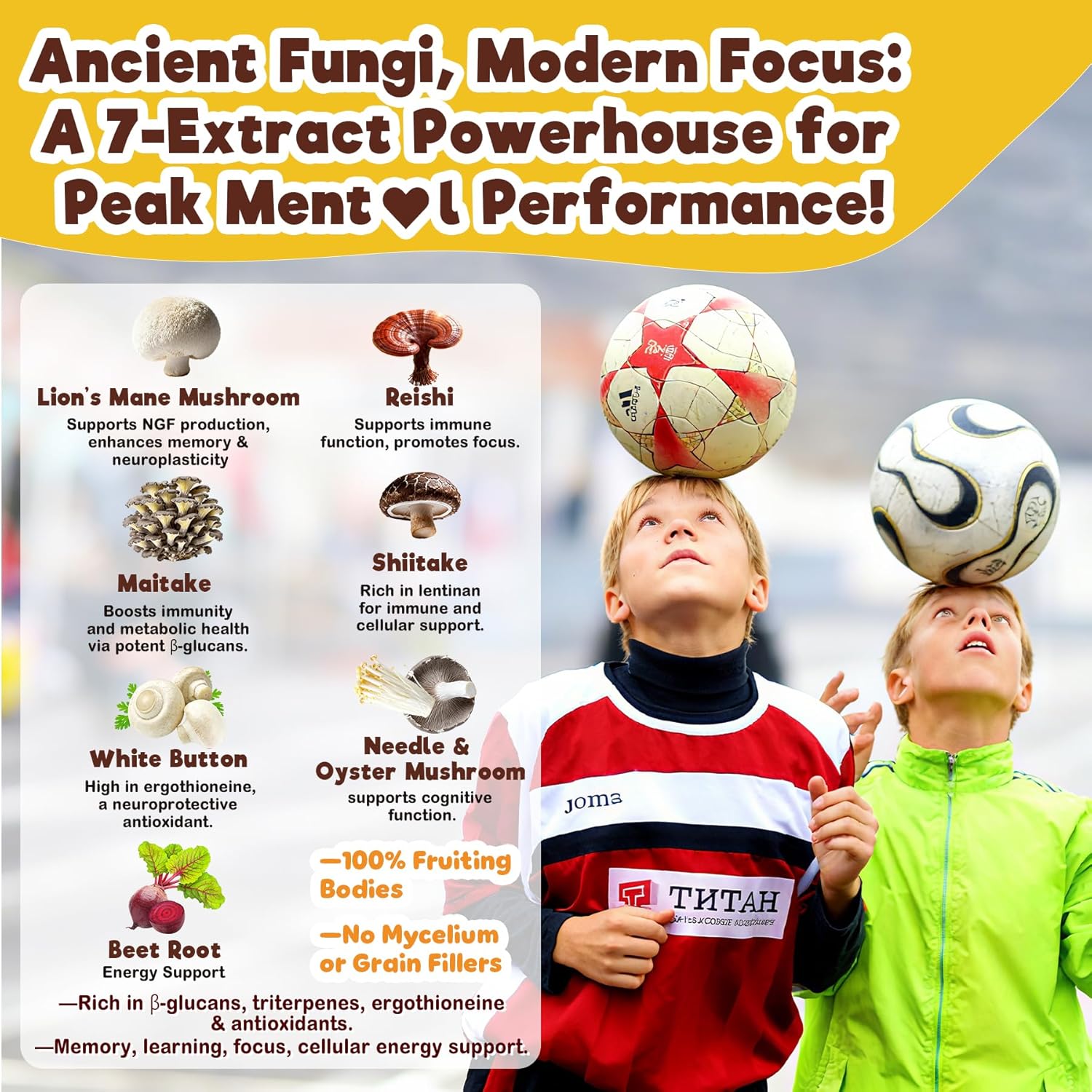 Neviss Kids 10+ Brain Filled Gummies w/Lion's Mane, Focus Memory & Energy 7-in-1 Mushroom Gummy for Teens & Adults, L-Tyrosine, Choline, PS, B12 B6, Beetroot for Students, Gamer, Worker, Sugar Free