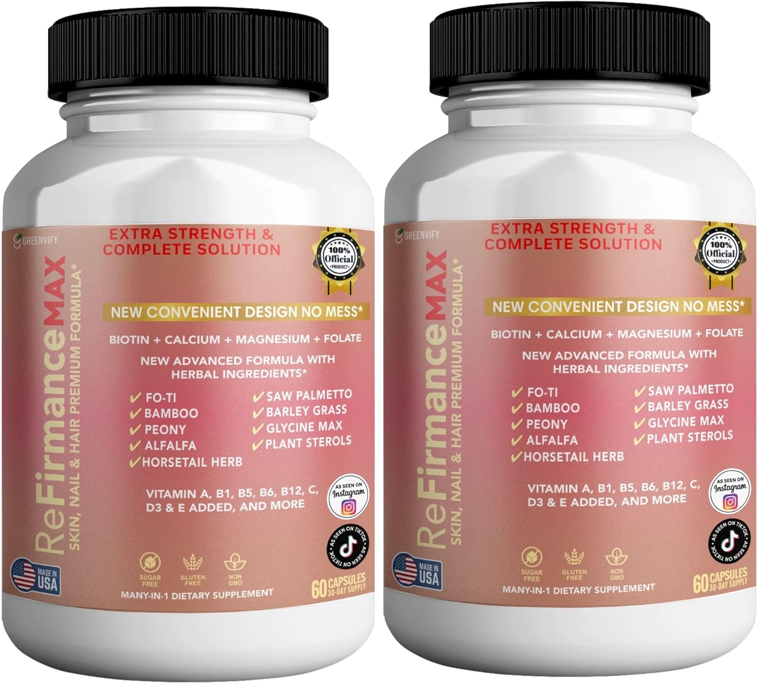 ReFirmanceMax Hair Growth Supplement, 60 Capsules, with Biotin 5000mcg, Vitamins B12, Calcium, Saw Palmetto, 30 Day Supply (2)