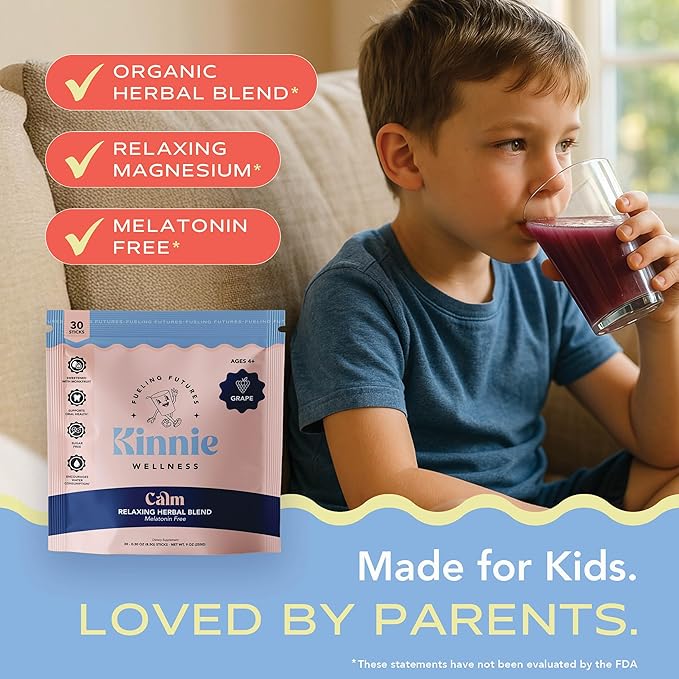 Calming Sugar Free Vitamin Mix for Kids - Grape Flavor, Melatonin Free - Herbal/Magnesium Supplement for Bedtime, Focus & Travel (30 Sticks)