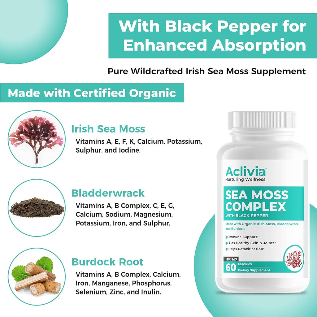 Organic Irish Sea Moss Capsules with Bladderwrack & Burdock Root - 102 Minerals Sea Moss Supplement - Thyroid Support, Immune Boost - Non-GMO (60 Count)