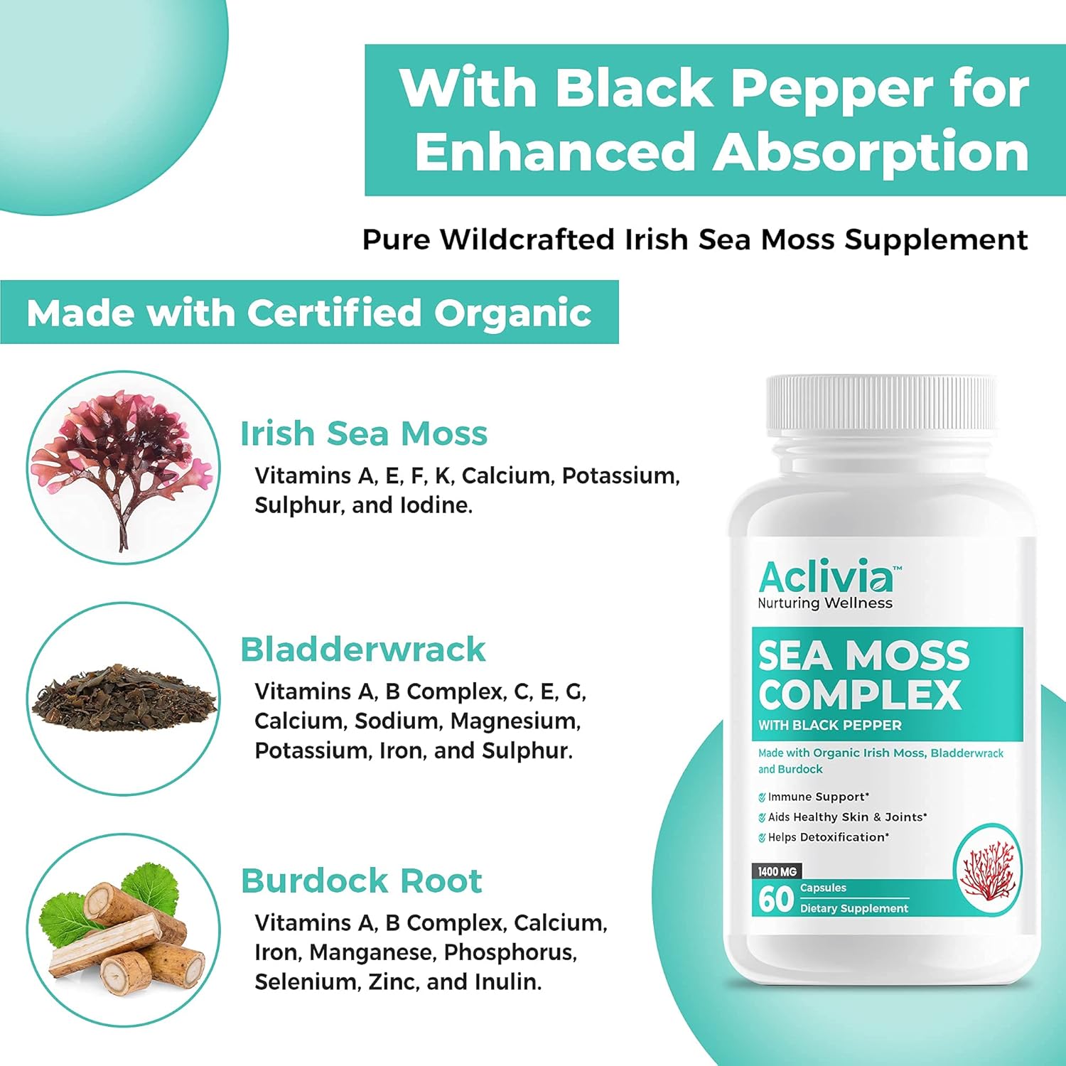 Organic Irish Sea Moss Capsules with Bladderwrack & Burdock Root - 102 Minerals Sea Moss Supplement - Thyroid Support, Immune Boost - Non-GMO (60 Count)