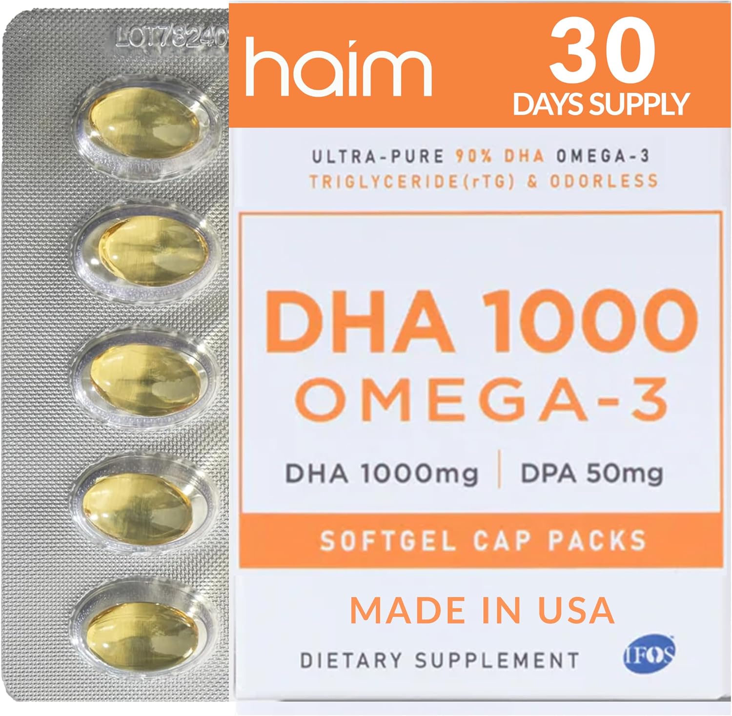 HAIM DHA 1000 Omega-3 Fish Oil - 90% Purity with 1000mg DHA, 50mg DPA - High Potency Fish Oil Supplement for Brain, Eye & Heart Support - Promotes Overall Wellness & Focus - 1 Box, 60 Softgels