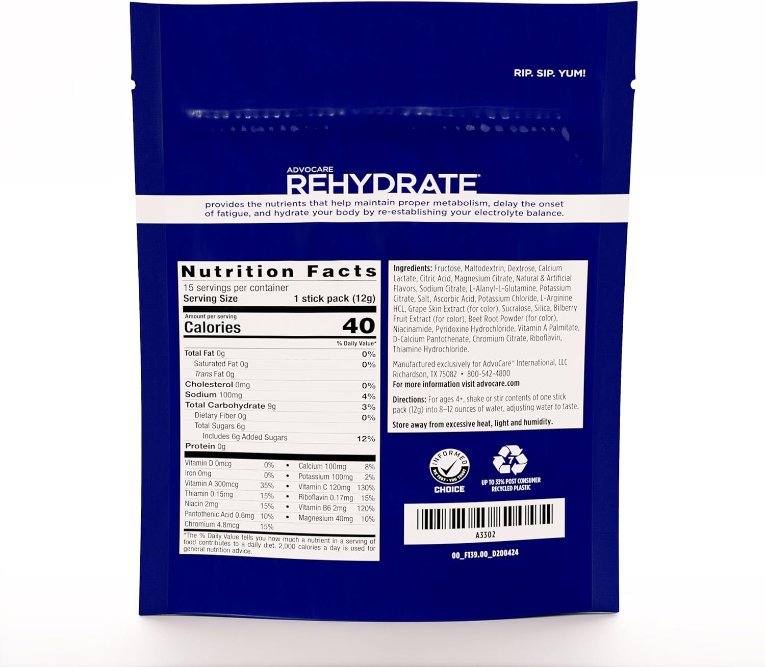 AdvoCare Rehydrate - Electrolyte Drink Mix - Includes Magnesium, Sodium, Potassium & Calcium - Antioxidant & Amino Acid Fortified - Hydration & Recovery - Grape, 15 Stick Packs (6.3 oz)