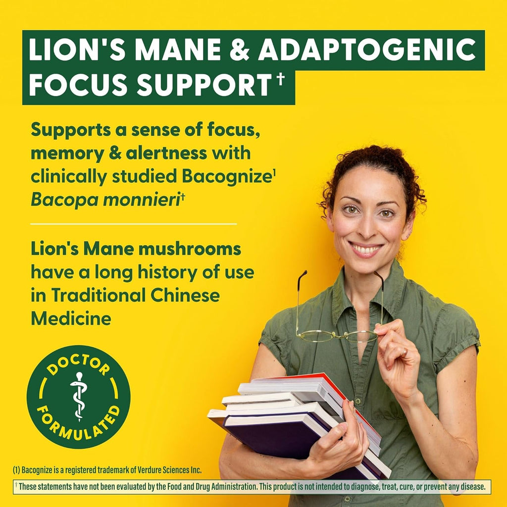 MegaFood Superfood Mushroom Focus Support - Doctor Formulated Lions Mane Supplement Capsules - Lions Mane Mushroom Supplement with Clinically Studied Bacopa - Vegan - 60 Capsules, 30 Servings