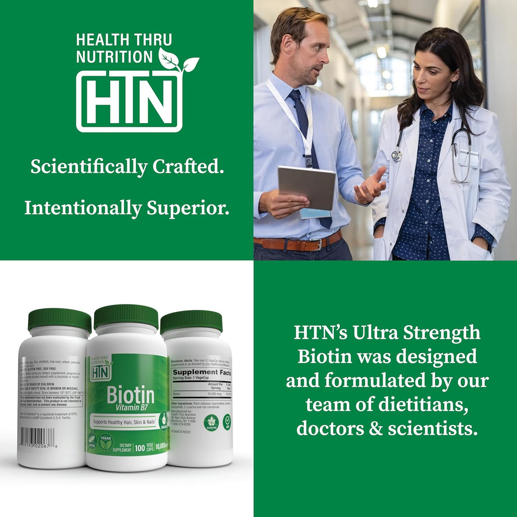 Health Thru Nutrition Biotin 10,000mcg Vegan 100 Capsules | Vitamin B7 | Hair, Skin, Nail Support & Keratin Production | Non-GMO, Soy-Free, Gluten-Free, Hypoallergenic