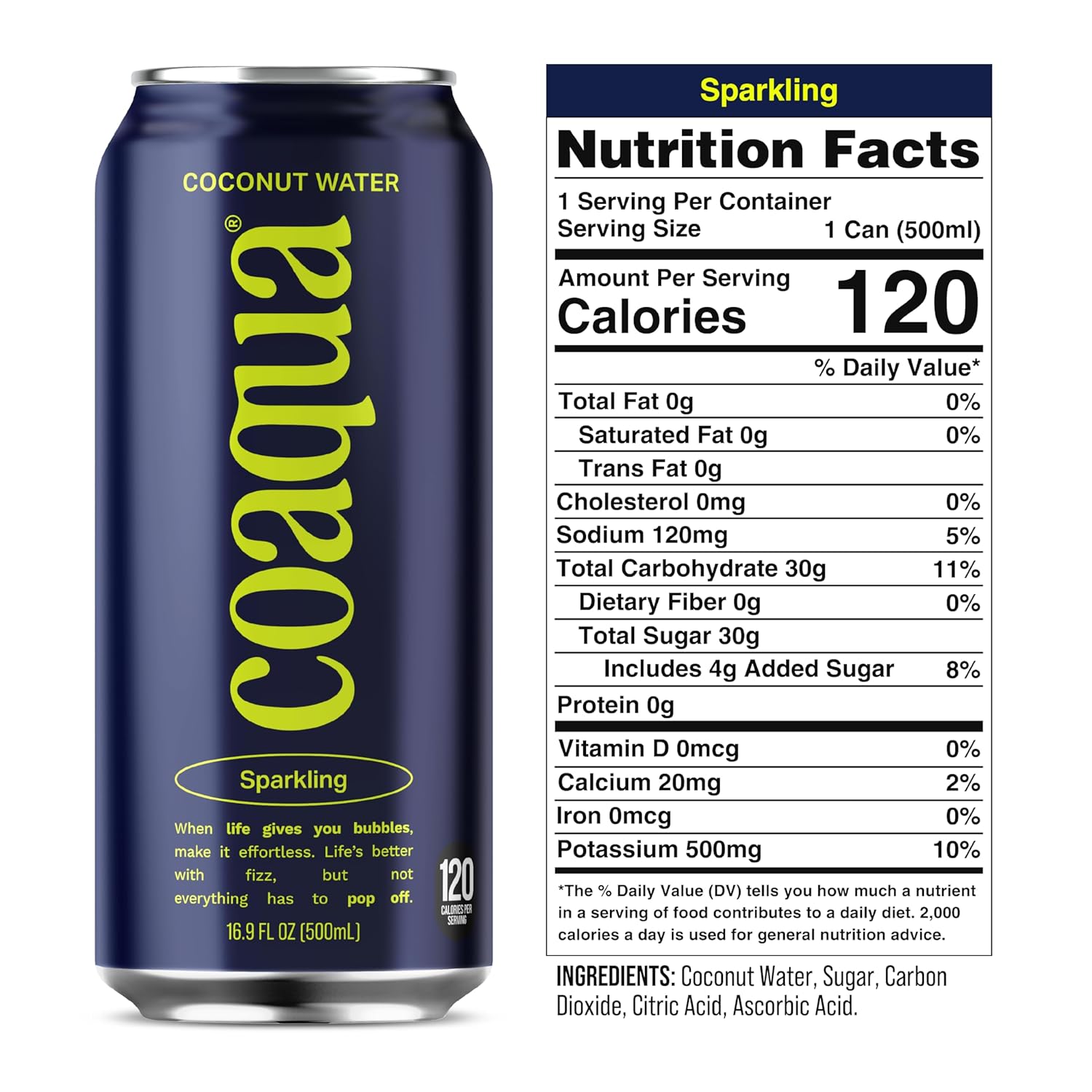 Coaqua Sparkling Coconut Water, 12 Pack, Natural Electrolytes for Hydration, Refreshing Sparkling Electrolyte Drink, Pure Coconut Water Not from Concentrate, Fat Free, 16.9 Fl Oz Cans
