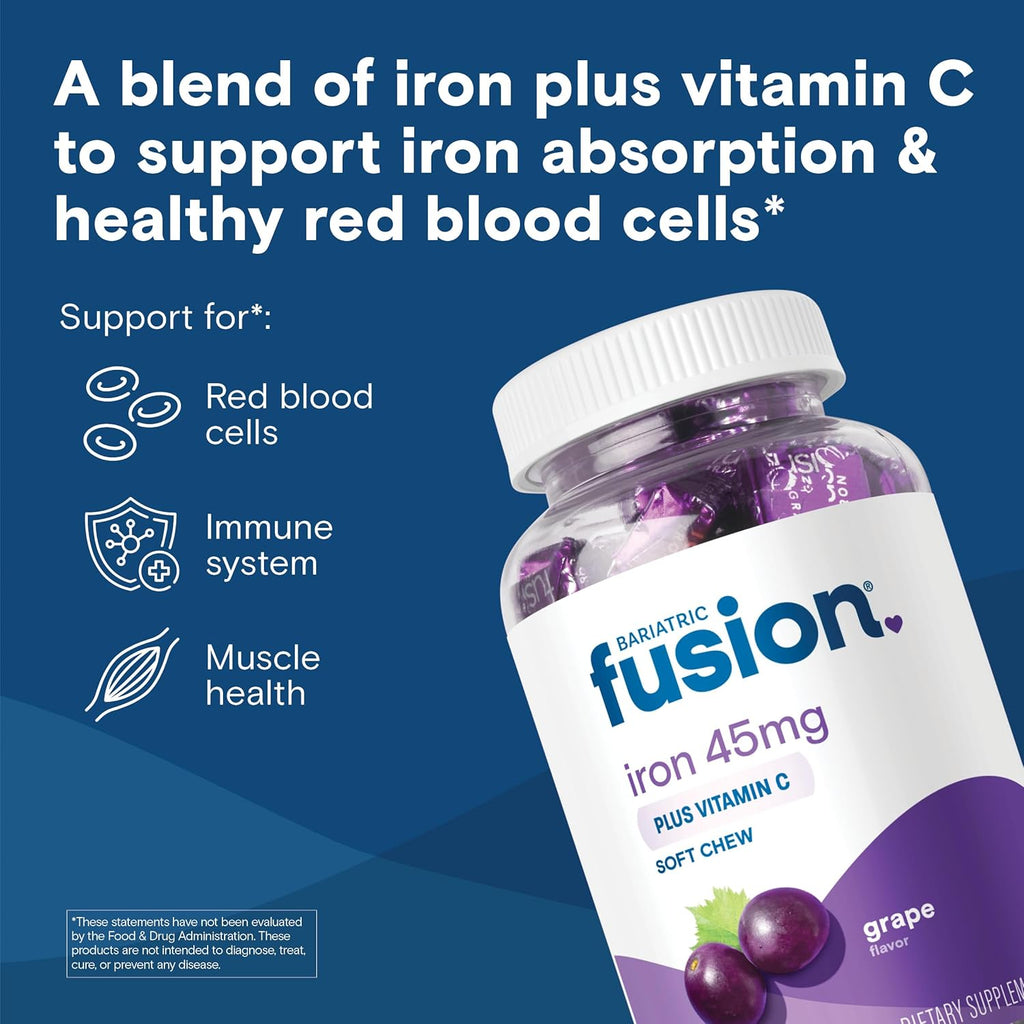 Bariatric Fusion Iron Supplement for Women Anemia | Chewable Iron with Vitamin C | Grape Flavored Soft Chew | Gentle on Stomach Ferrous Fumarate for Women and Men | Gluten Free | 60 Count