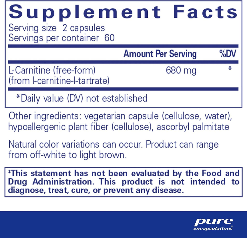 Pure Encapsulations L-Carnitine | Hypoallergenic Supplement for Cardiovascular and Endurance Support | 120 Capsules