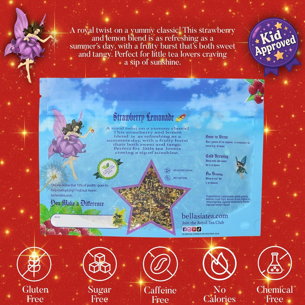 Bellasia Tea Strawberry Lemonade for Kids Using Real Fruit Pieces - Caffeine Free Herbal Tea with Real Ingredients & Balanced Flavor- Add Loose Leaf Tea to Your Child’s Routine for A Fun & Tasty Drink