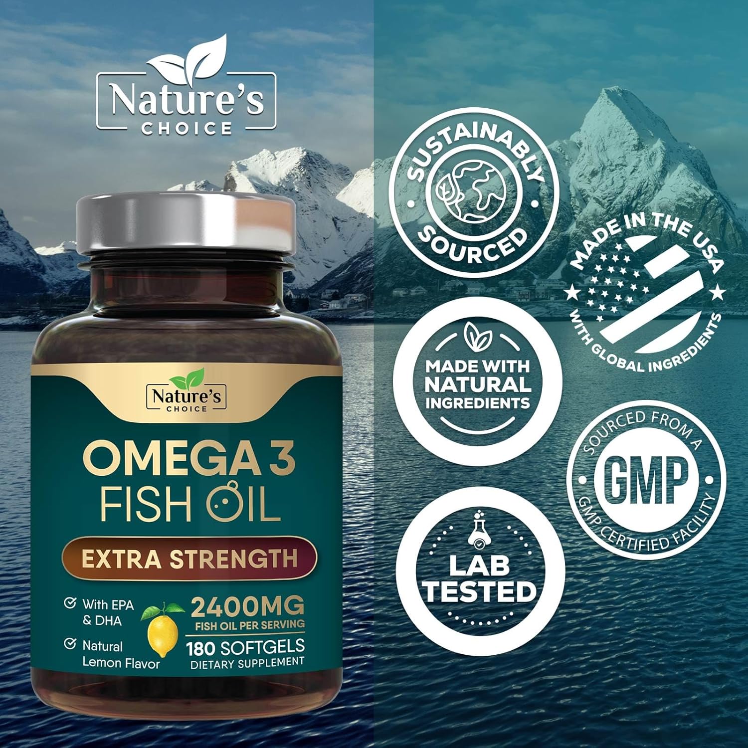 Omega 3 Fish Oil Supplement 2400 mg - Triple Strength EPA & DHA Fish Oil Omega 3, Essential Fatty Acids Supplement Softgels, Brain & Heart Health Support Supplements, Gluten Free Non-GMO, 180 Softgels