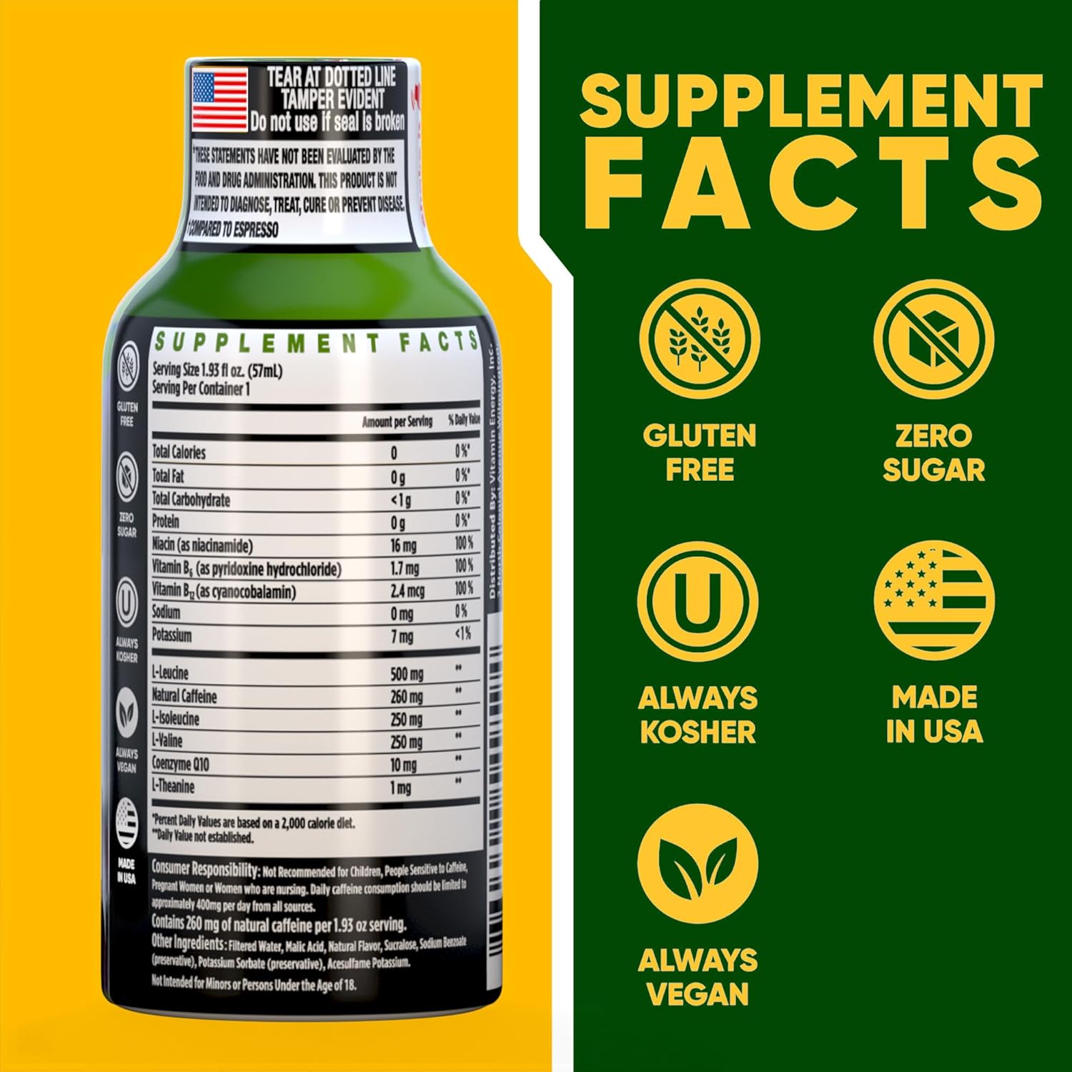 Vitamin Energy Focus+ Extra Strength Energy Shot Blue Raspberry 10 Pack, 260mg Natural Caffeine, B-Vitamins, CoQ10, Amino Acids, Focus, Productivity & Clarity, Zero Sugar, Gluten-Free, 1.93 fl oz