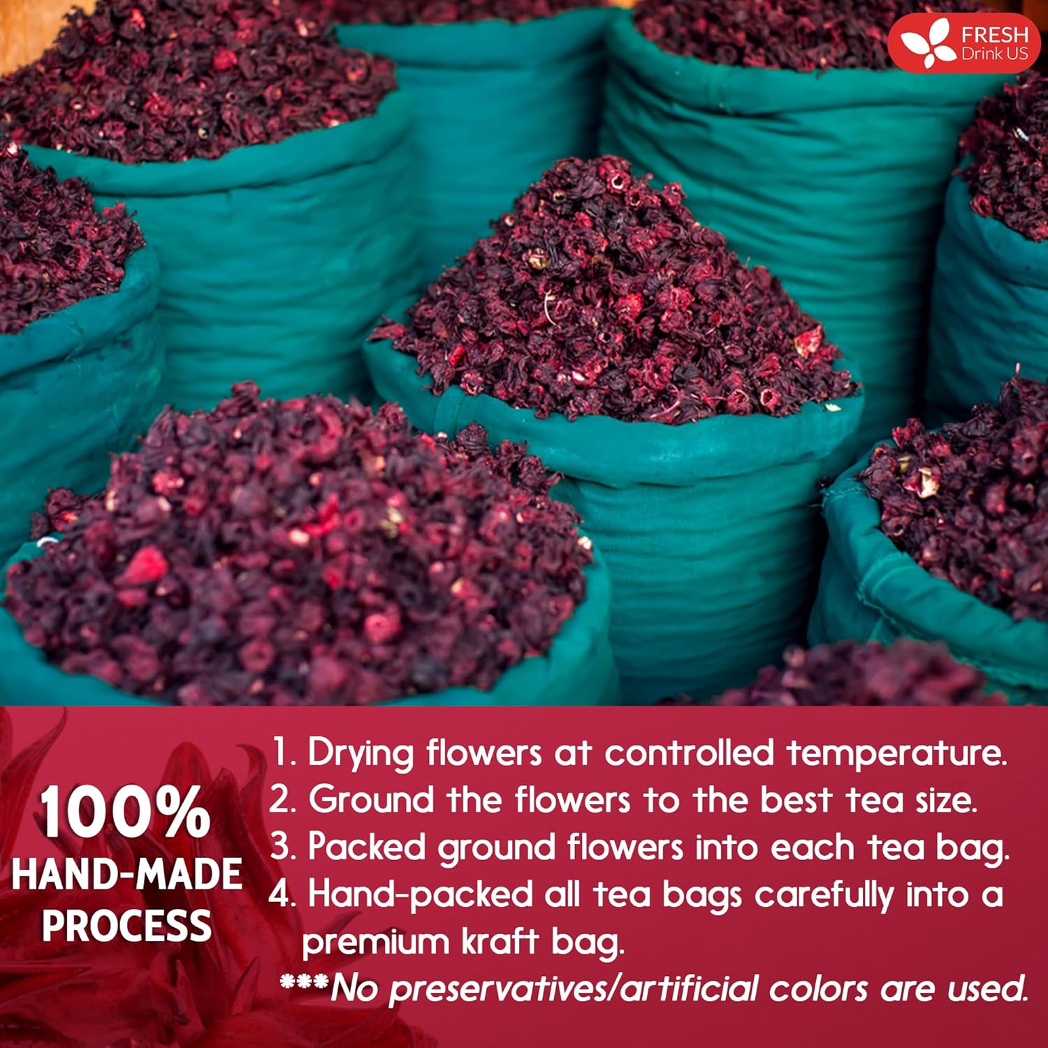 FRESHDRINKUS, Premium 30 Hibiscus Flowers Tea Bags, 100% Natural & Pure from Hibiscus Flowers. Loose Flower Hibiscus Herbal Tea. No Sugar, No Caffeine, No Gluten, Vegan.