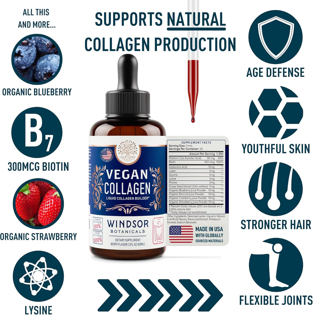 Vegan Collagen Builder Liquid Supplement - Collagen Booster with Vitamin C, Biotin, Hyaluronic Acid & Amino Acids - Organic Fruit & Vegetable Blend - 60ml, 30 Day