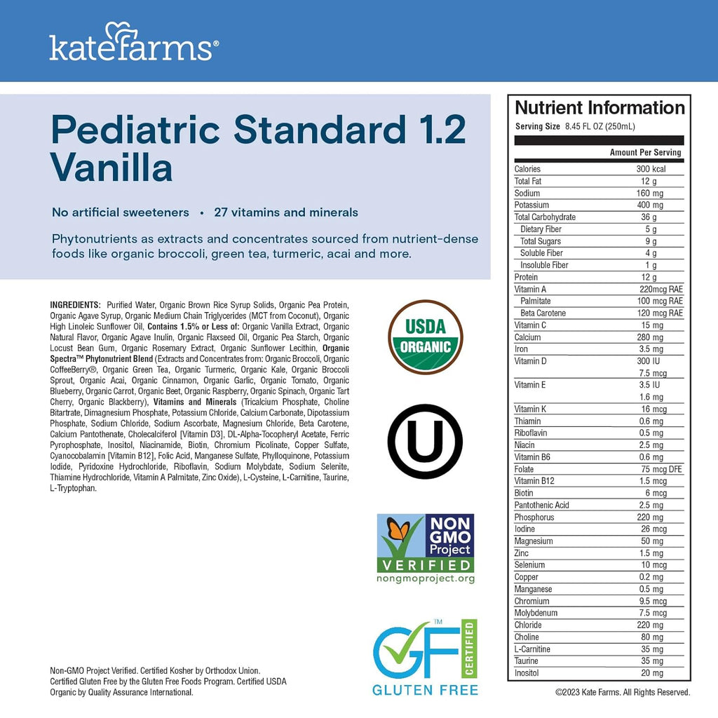KATE FARMS Organic Pediatric 1.2 High Calorie Vanilla Nutrition Shake, 12g Protein, 27 Vitamins and Minerals, Meal Replacement, 8.45 oz (6 pack)