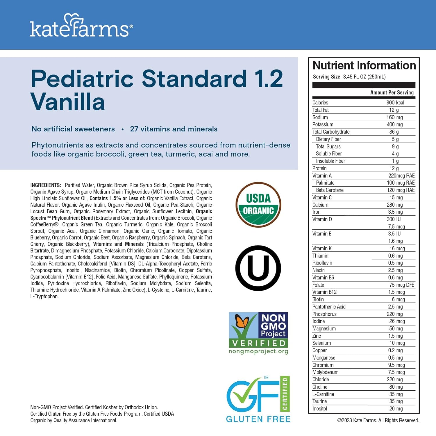 KATE FARMS Organic Pediatric 1.2 High Calorie Vanilla Nutrition Shake, 12g Protein, 27 Vitamins and Minerals, Meal Replacement, 8.45 oz (6 pack)