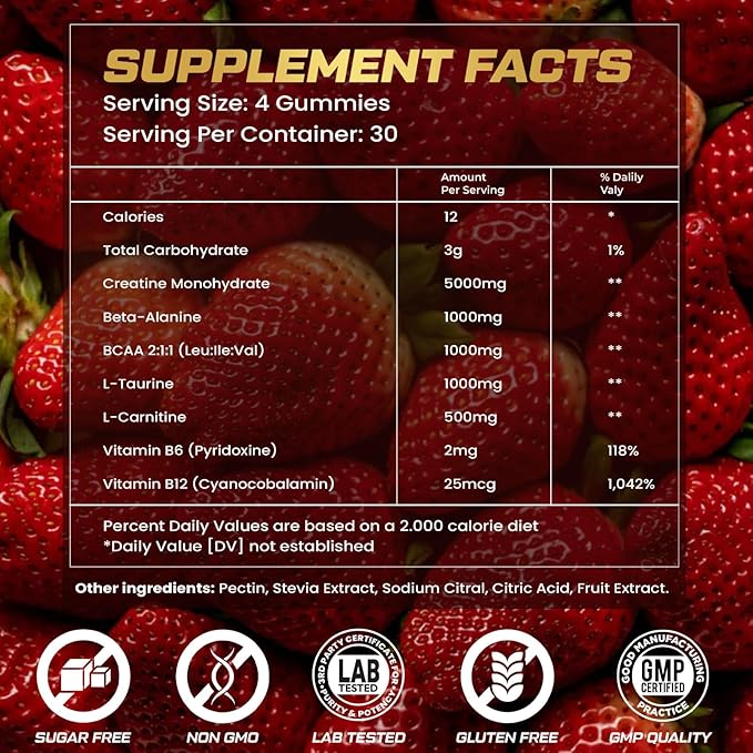 Creatine Monohydrate Gummies for Men & Women, 9000MG Creatine Gummies Sugar Free with L-Taurine, BCAA 2:1, B12 B6 for Boost Strength, Focus & Endurance, Vegan, Non-GMO, Strawberry 120*2 Bottle