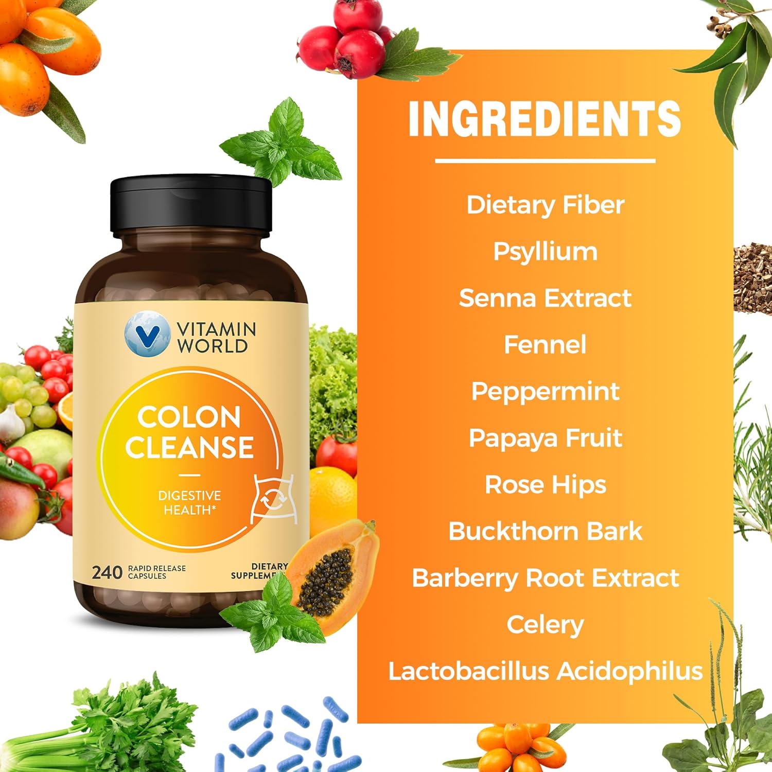 Vitamin World Colon Cleanse - 240 Capsules, Gut Detox with Psyllium Husk, Senna, Probiotics, Dietary Fiber & Herbal Blend – Supports Constipation Relief, Digestive Health & Regularity, Gluten-Free