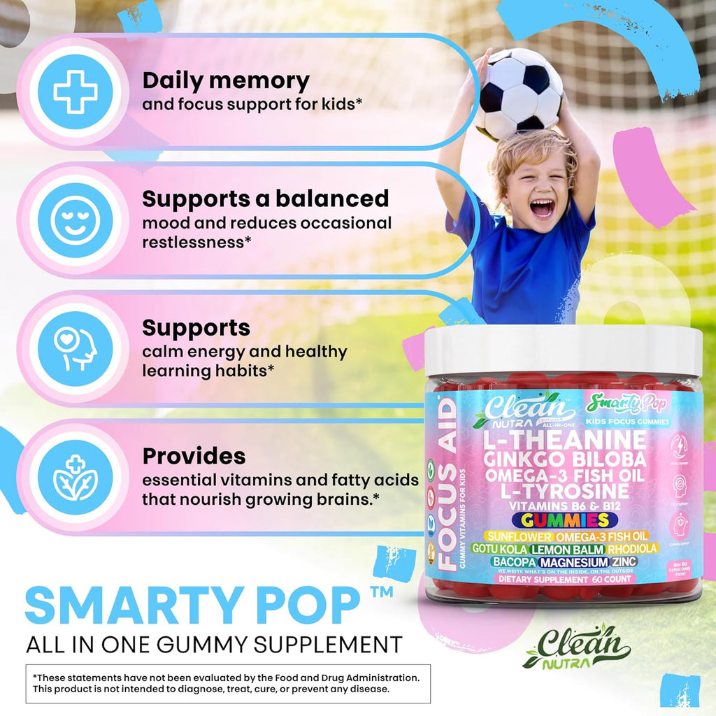 Clean Nutra Kids Focus Gummies with L-Theanine, Ginkgo Biloba, Omega-3 Fish Oil, L-Tyrosine, Vitamin B6, Vitamin B12 – 60 Count – Clean Label, Non-GMO, Vegan-Friendly, SmartyPop Formula