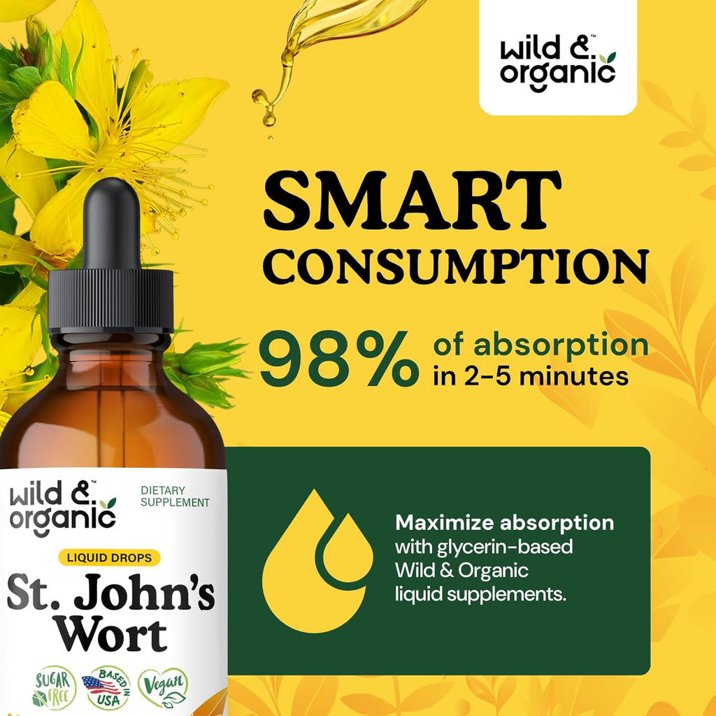 Wild & Organic St Johns Wort Tincture - Mood Support - Calming St John's Wort Supplement - Hypericum Perforatum Herbal Liquid Drops - Vegan, Sugar & Alcohol Free - 4 fl oz